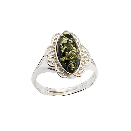 Green Amber Sterling Silver Adjustable Ring