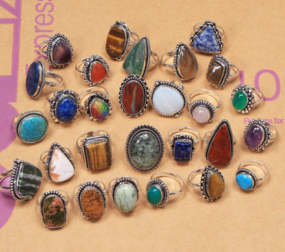 Assorted Semiprecious Stone Rings ☆ Silver Plated, Mixed Sizes, Assorted Designs