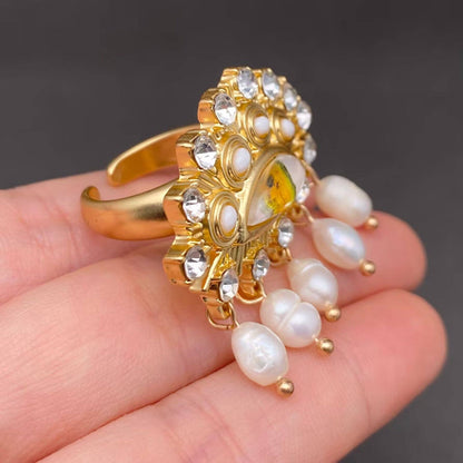 Vintage Pearl Fringe Eye Rhinestone Inlaid Gold Plated Ring