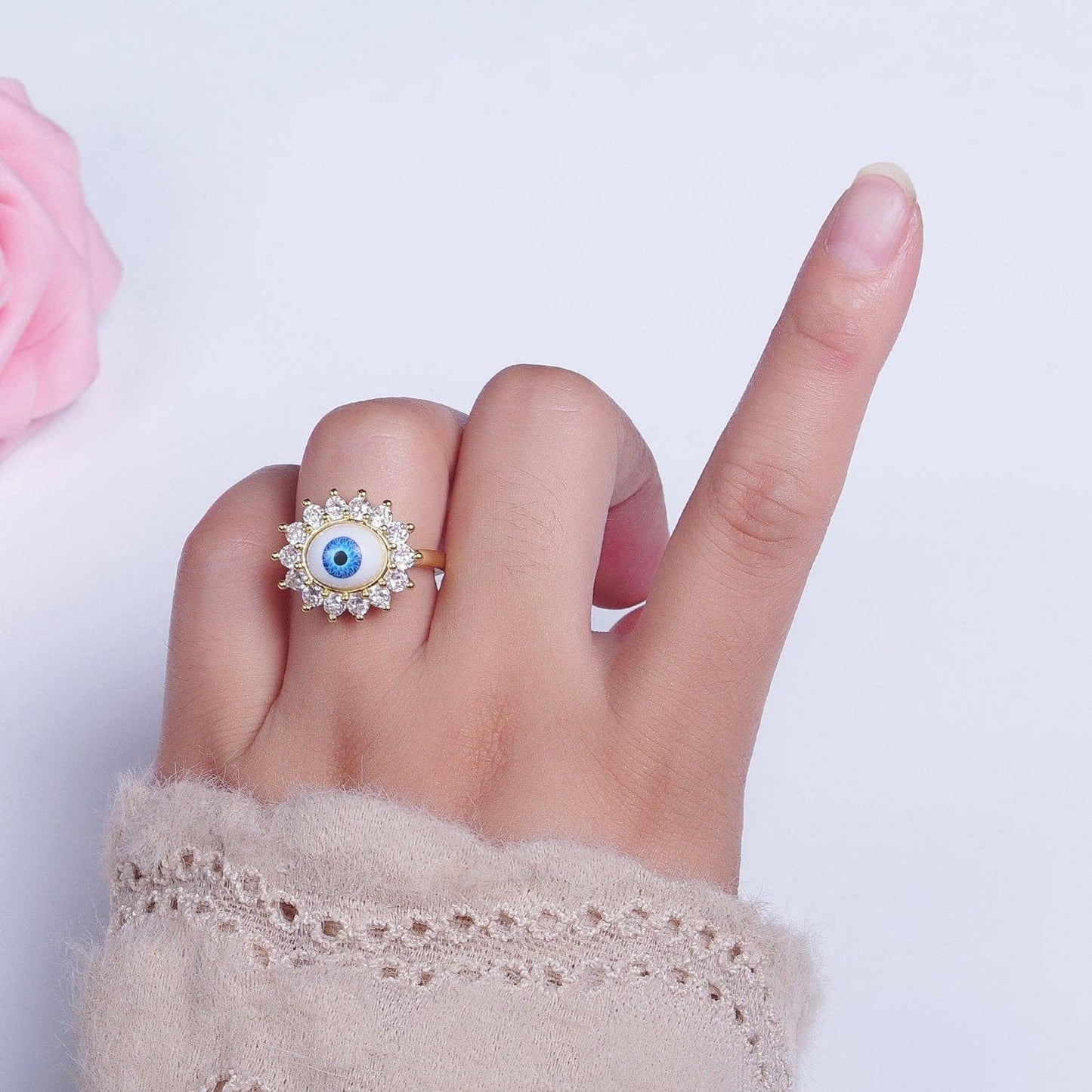 Blue Evil Eye & Swarovski Crystal Gold Adjustable Ring
