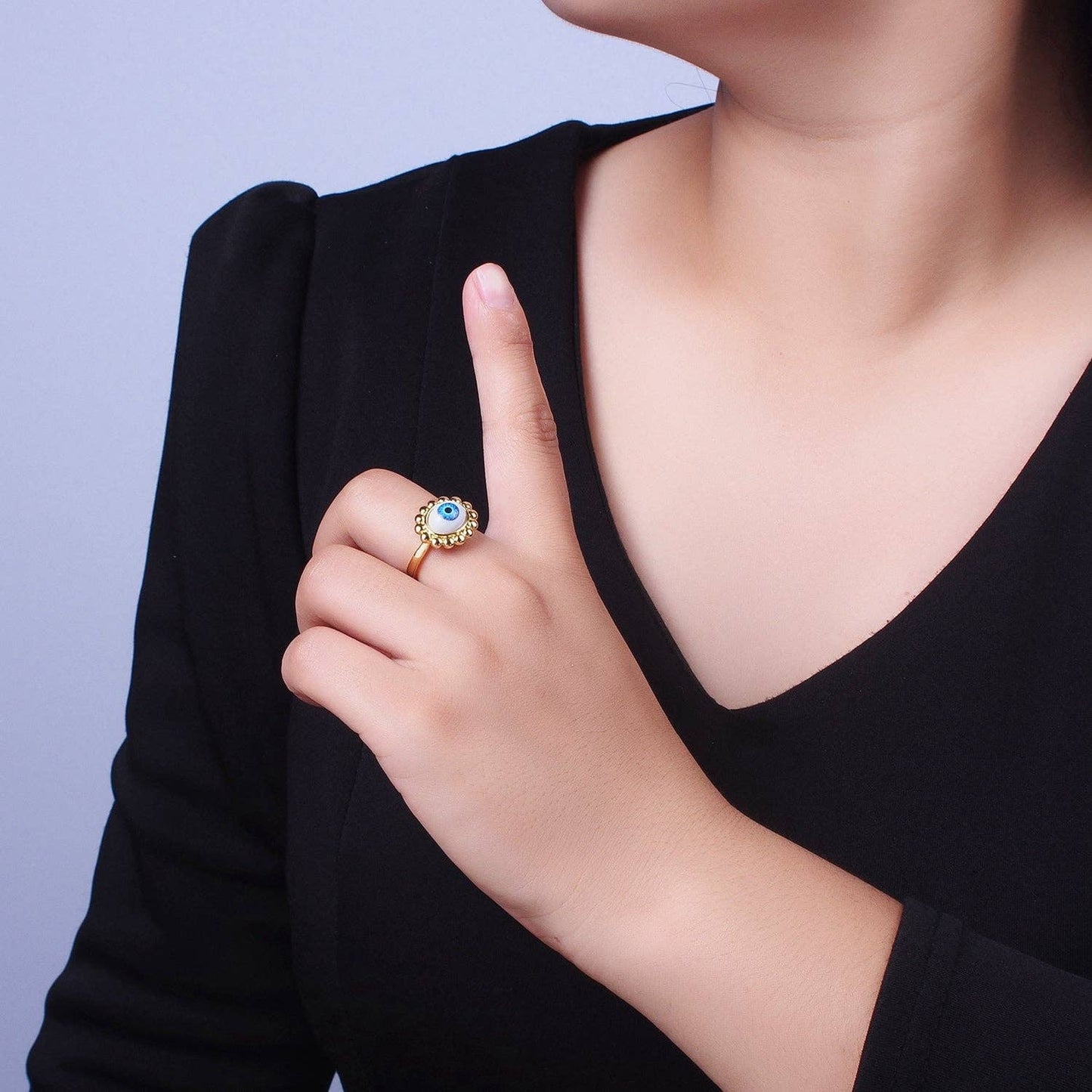 Elegant Gold Beaded Blue Evil Eye Protection Ring ☆ Adjustable