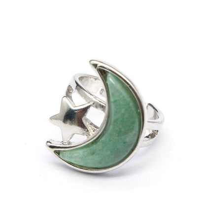 Agate Moon & Star Silver Tone Adjustable Ring