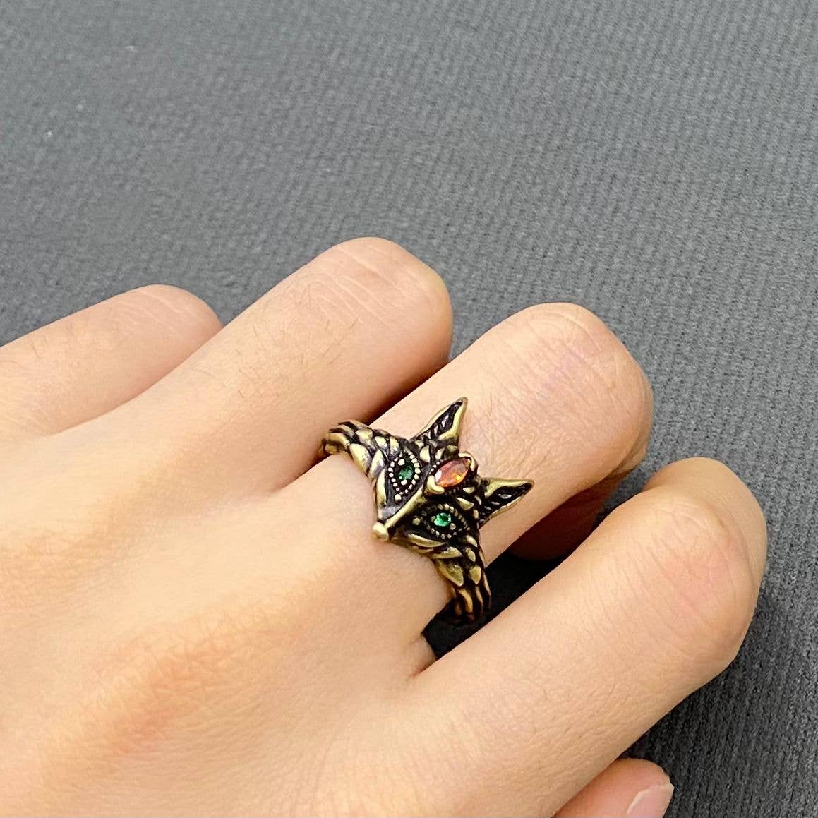 Vintage Style Rhinestone Fox Head Bronze Adjustable Ring