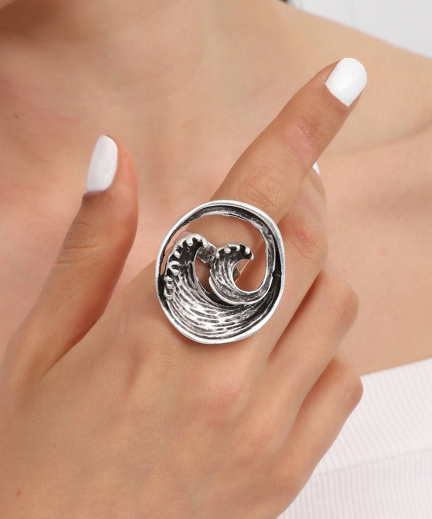 945 Turkish Silver Plated Wave Adjustable Ring