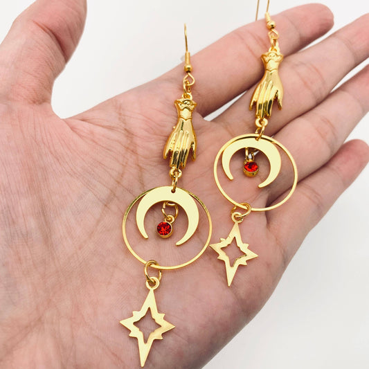 Fortune Teller Palm Moon Pendant Earrings