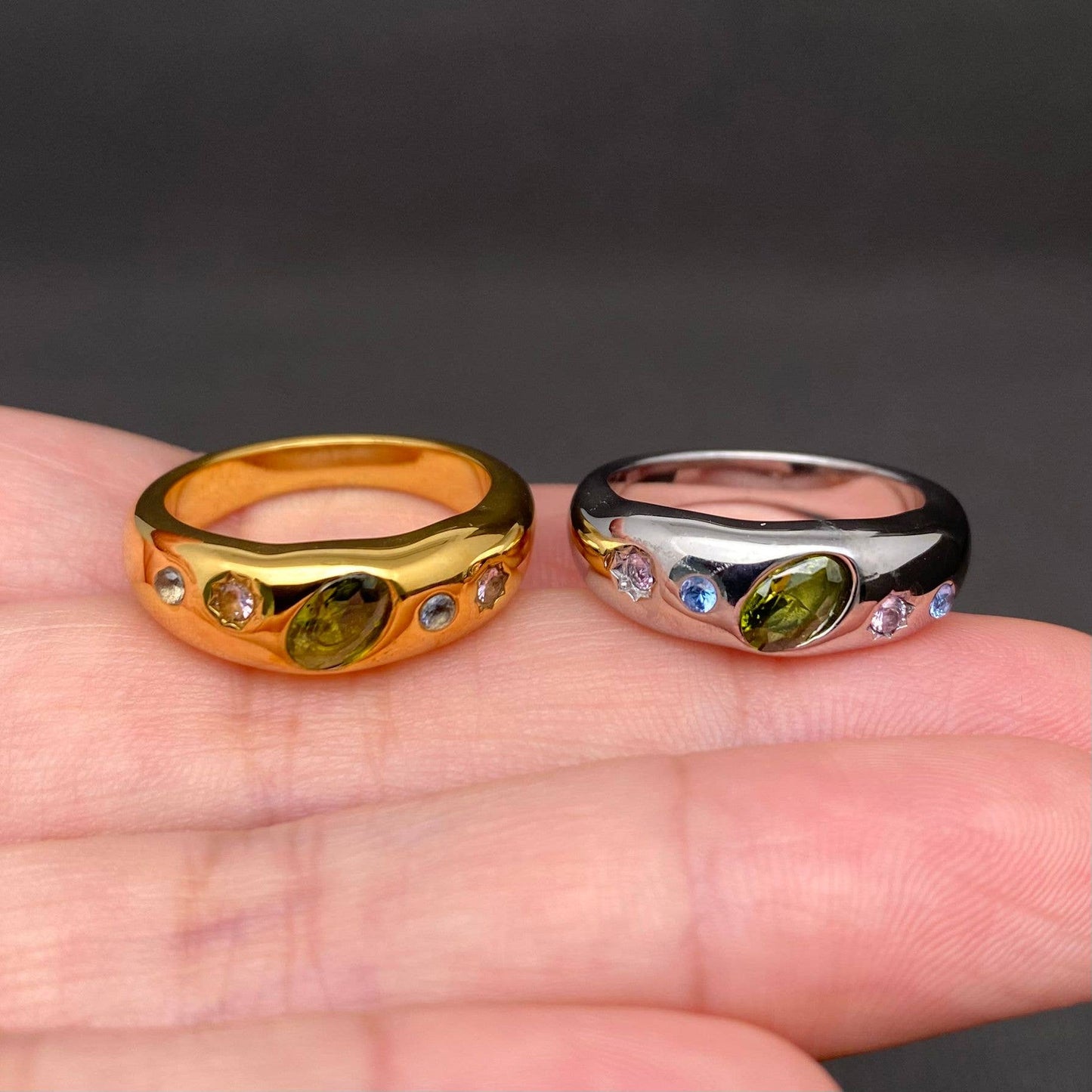 Colored Zircon Inlaid 18K Gold Plated Stainless Steel Ring