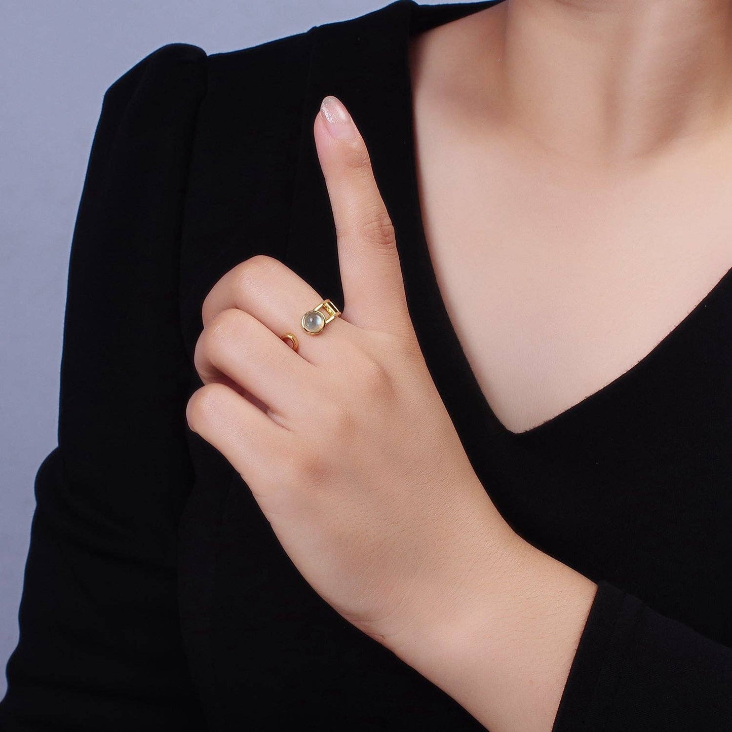 14K Gold Filled Round Labradorite Bar Wrap Double Band Adjustable Ring