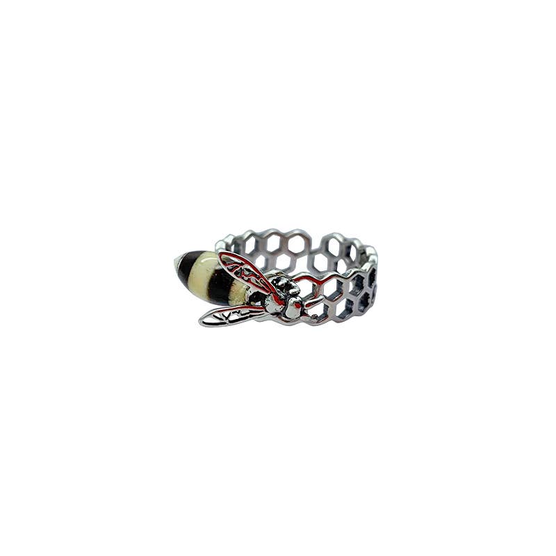 Multi-Color Amber Bee On Honeycomb Adjustable Ring