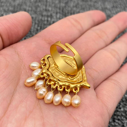 Freshwater Pearl Fringe Evil Eye Gold Adjustable Ring