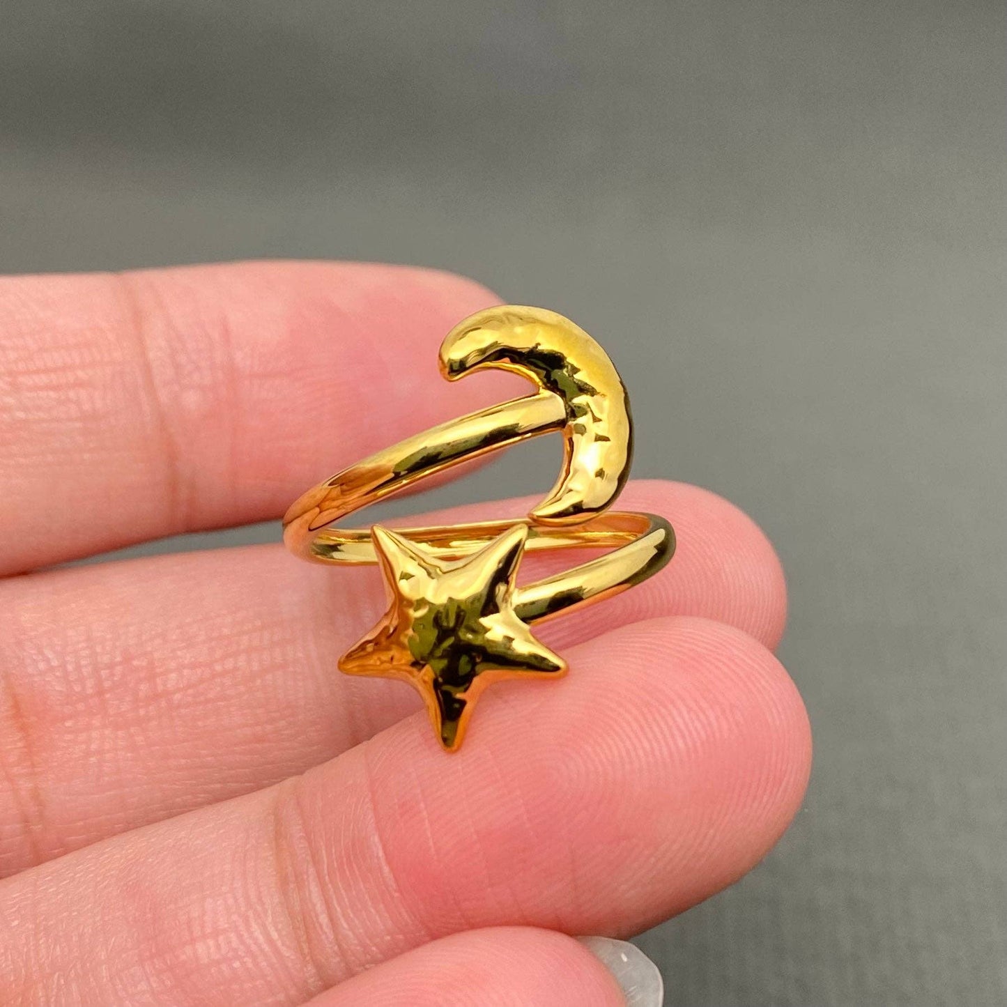 Moon Star 18K Gold Plated Stainless Steel Adjustable Ring