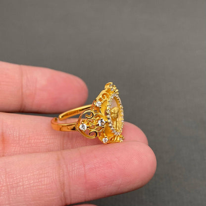 Shell & Rhinestone Inlaid 18K Cameo Adjustable Ring