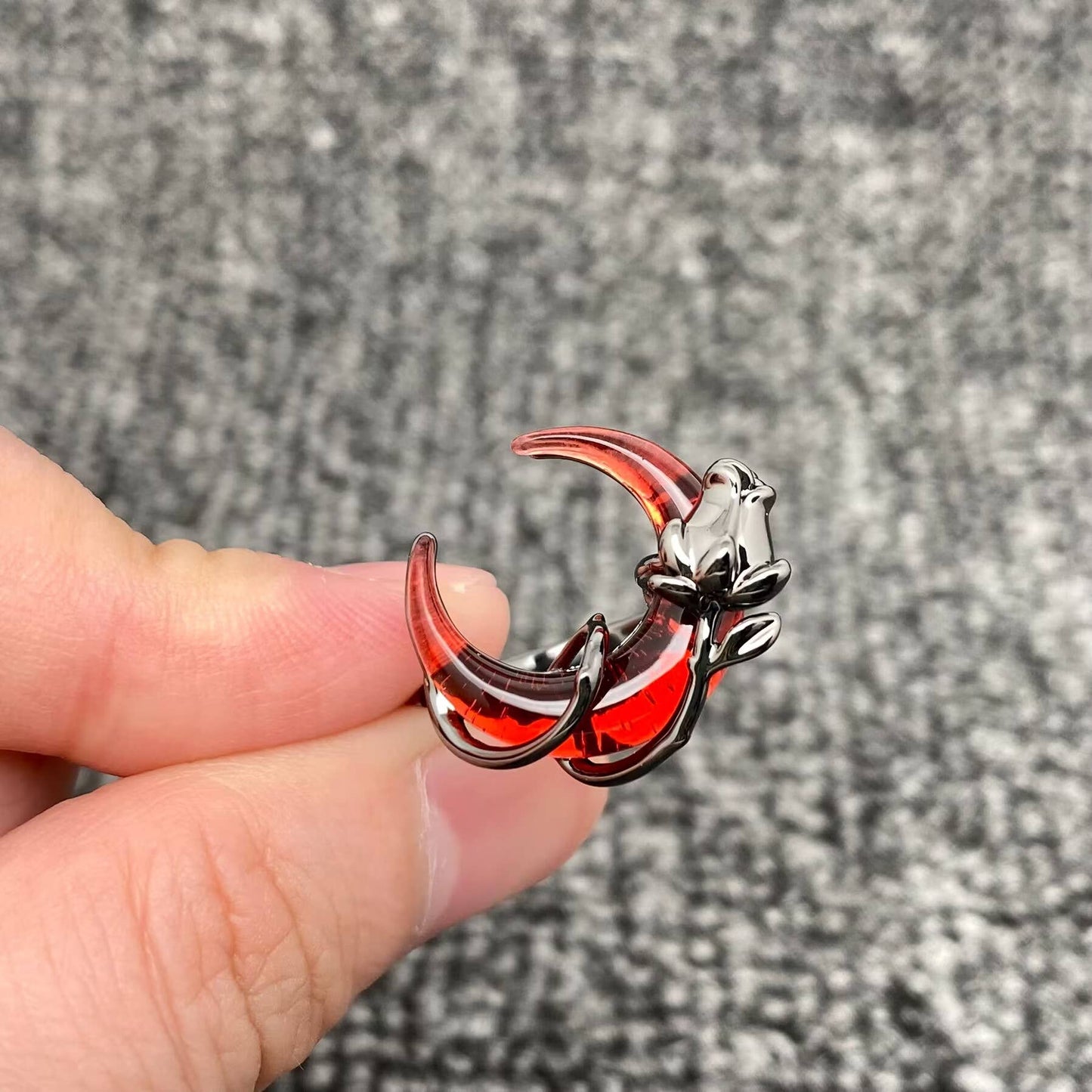 Gothic Rose Wrapped Red Crescent Moon Ring