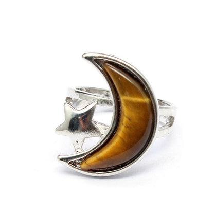 Agate Moon & Star Silver Tone Adjustable Ring