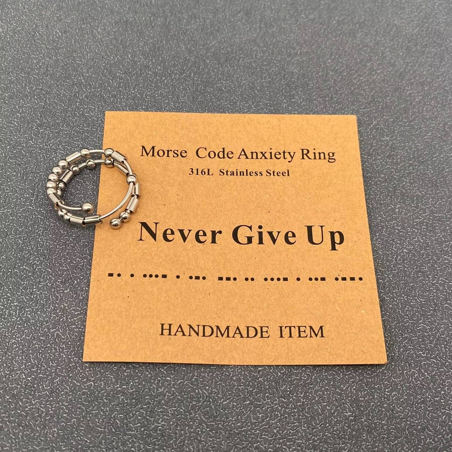 Morse Code "Never Give Up"  Stainless Steel Adjustable Ring