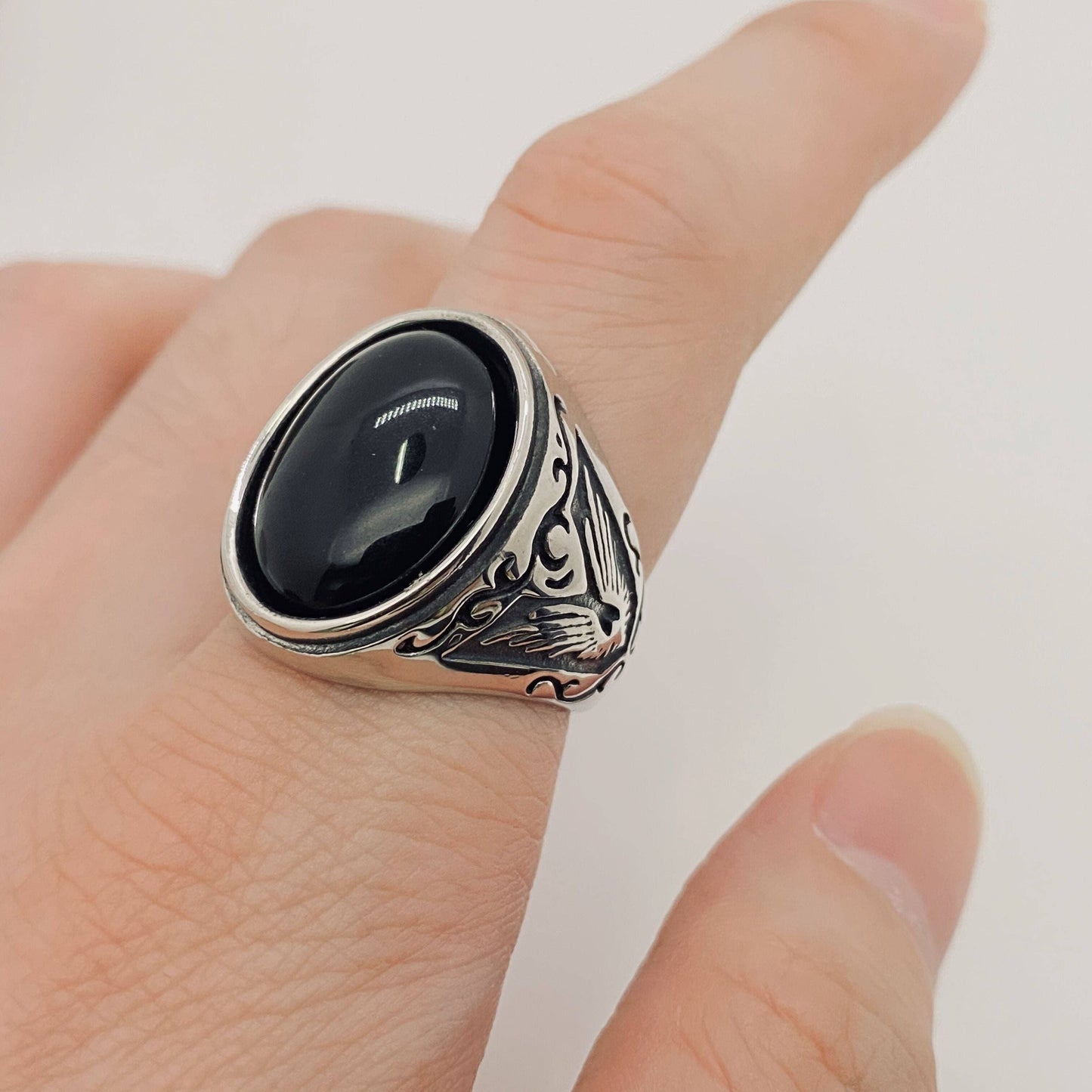 Stainless Steel Engraved Ring with Black Agate