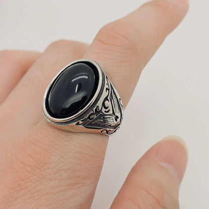 Stainless Steel Engraved Ring with Black Agate
