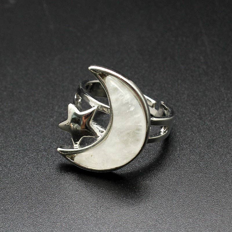 Agate Moon & Star Silver Tone Adjustable Ring