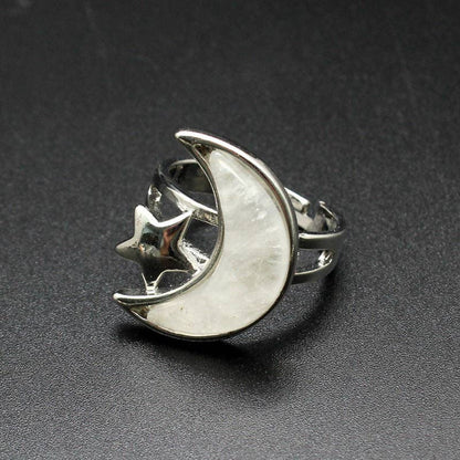 Agate Moon & Star Silver Tone Adjustable Ring