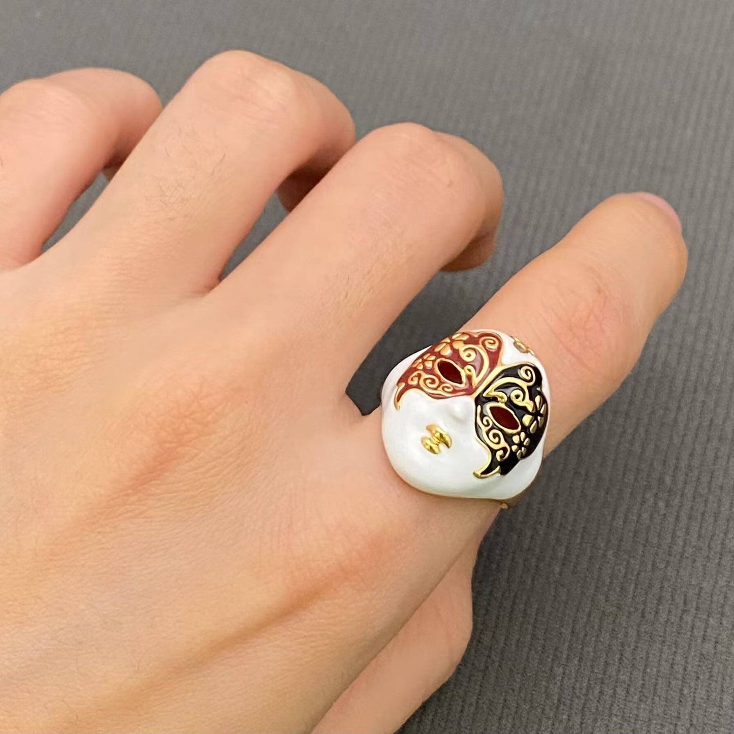 Commedia Dell'Arte Harlequin ☆ Enamel Mask 18K Gold Plated Ring