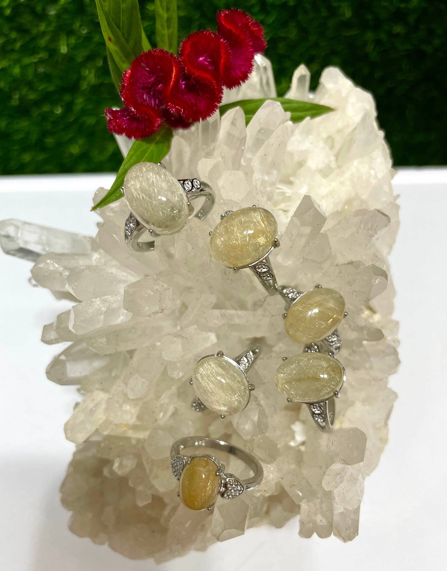 Natural Gold Rutilated Quartz Ring White