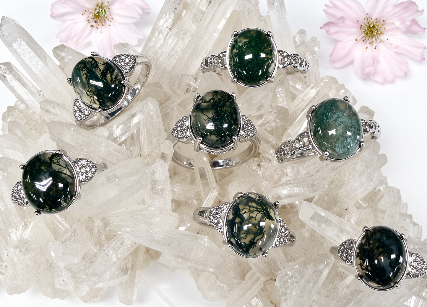 Natural Moss Agate Stainless Steel Rings - Herkimer Diamond Details