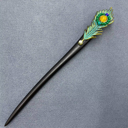 Classic Agate Metal Peacock Feather Long Ebony Wood Hairpin