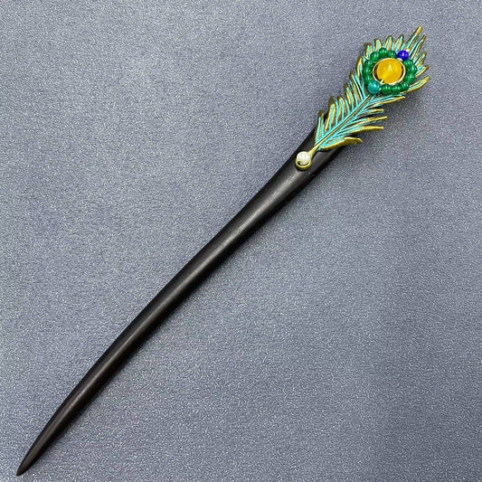 Classic Agate Metal Peacock Feather Long Ebony Wood Hairpin