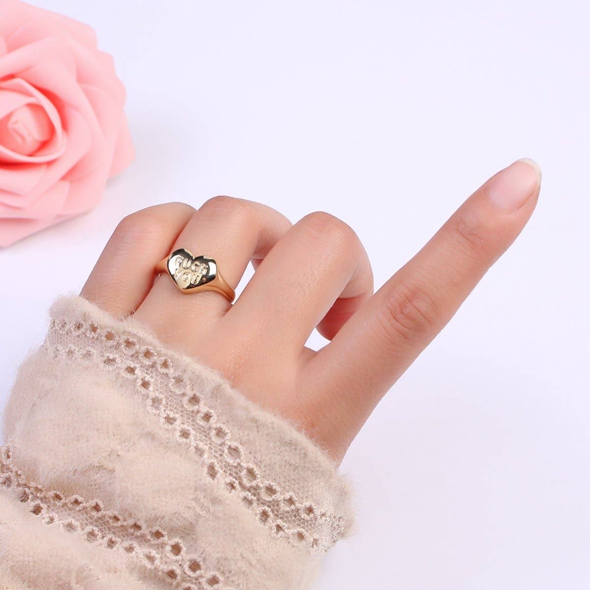 Gold Fuck You Heart Shaped Signet Ring