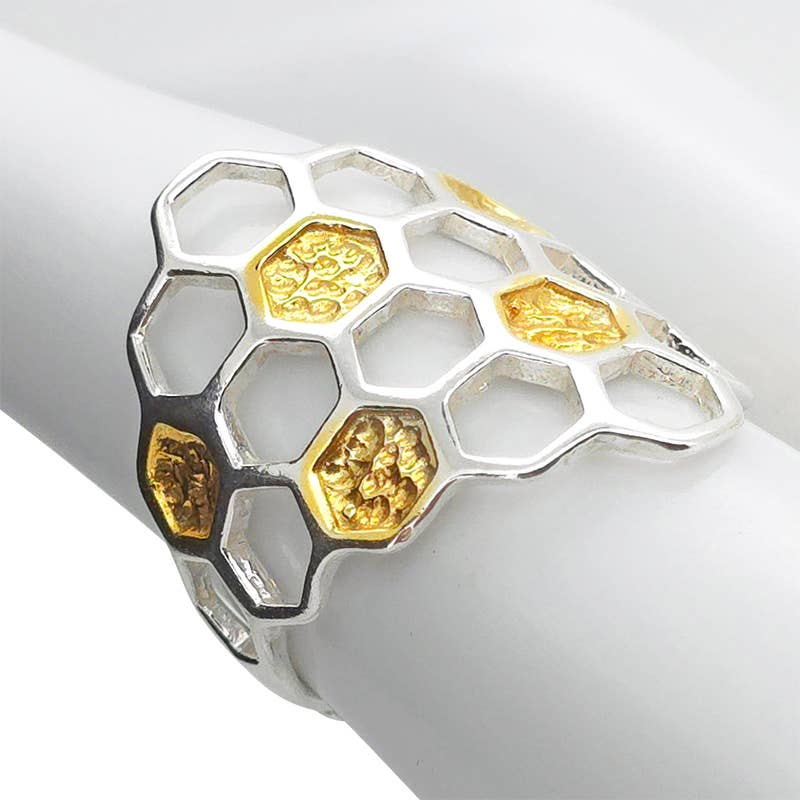 Gold Plated Silver Honeycomb Adjustable Ring