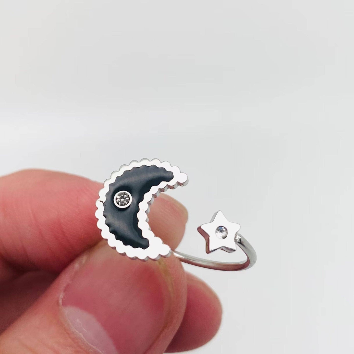 Black Enamel Moon & Star Stainless Steel Adjustable Ring
