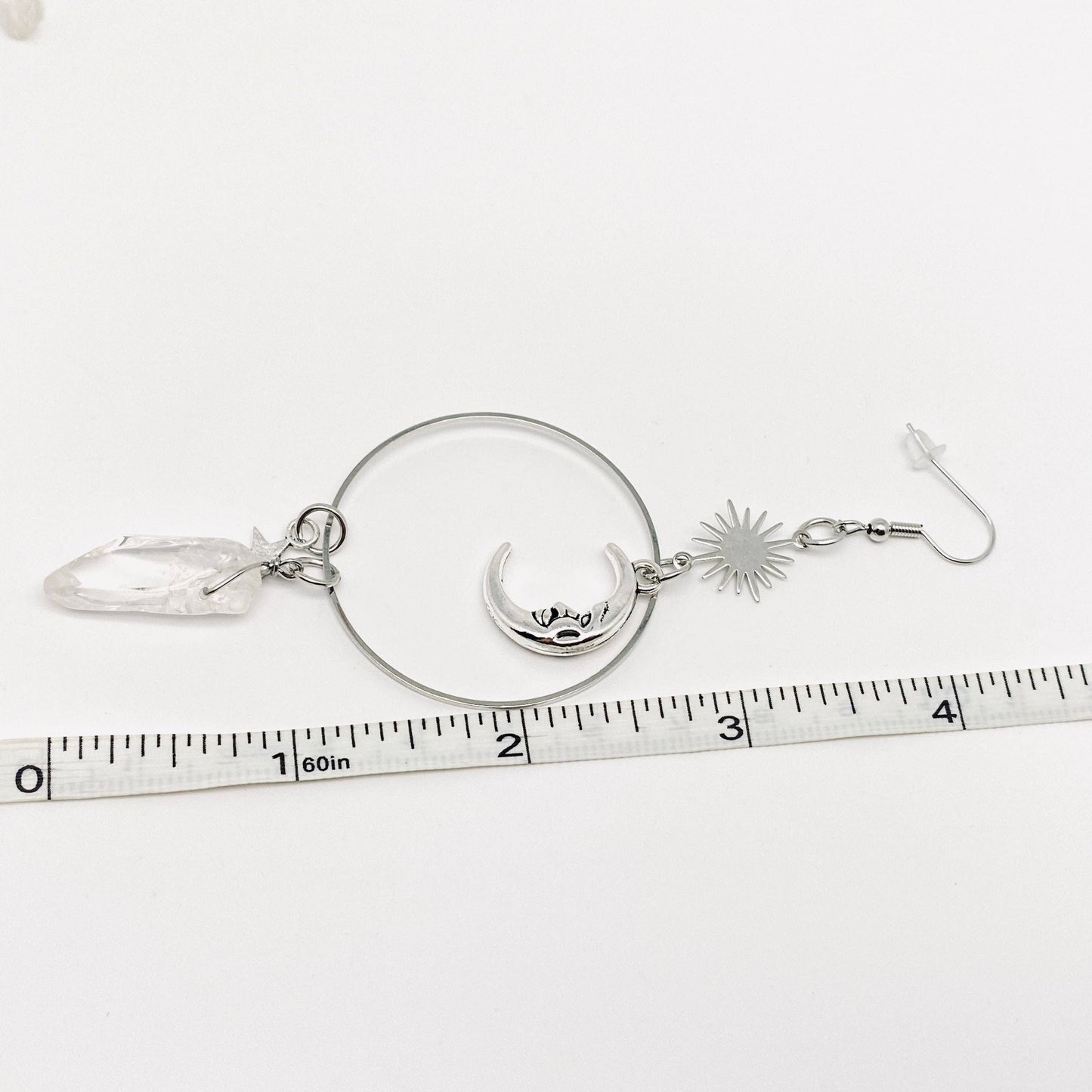 Silver Star Moon White Crystal Pendant Earrings