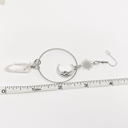 Silver Star Moon White Crystal Pendant Earrings