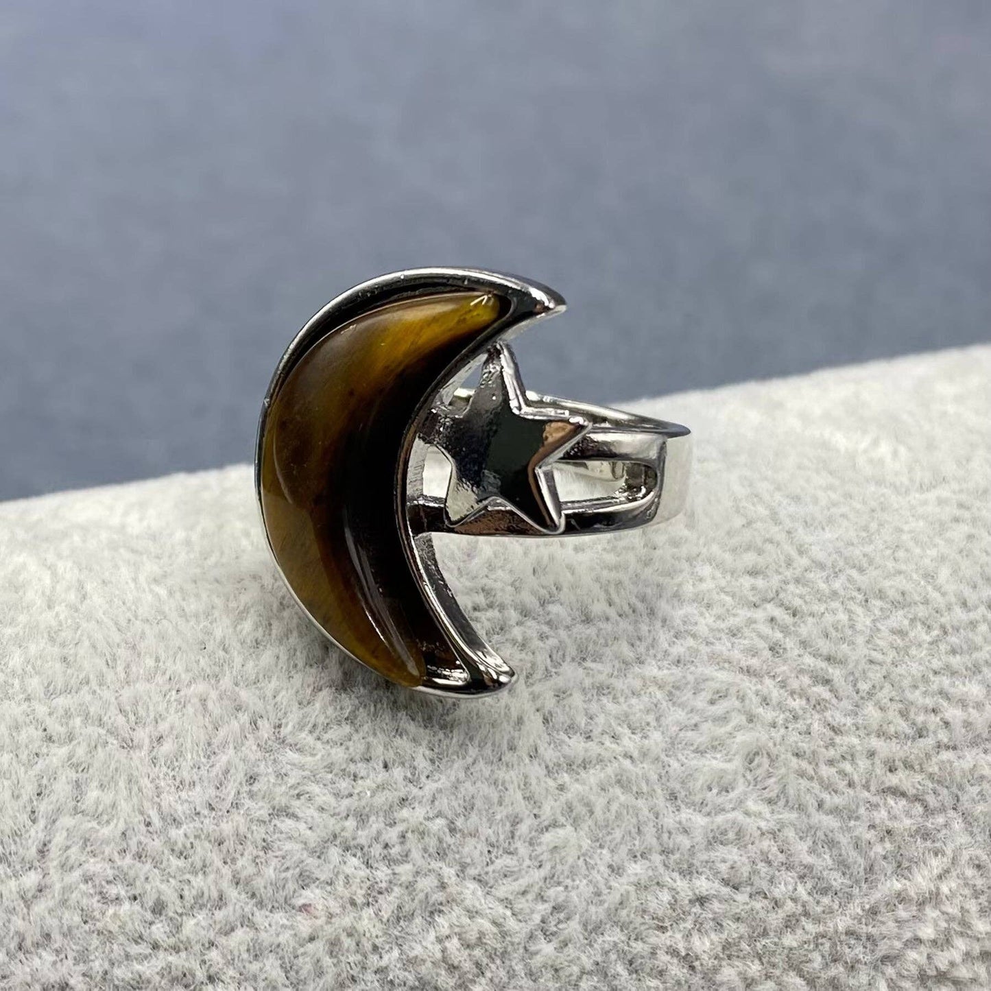 Agate Moon & Star Silver Tone Adjustable Ring