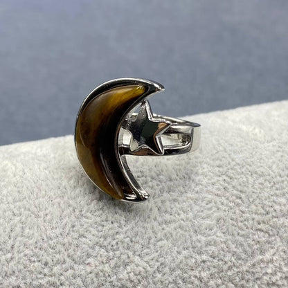 Agate Moon & Star Silver Tone Adjustable Ring