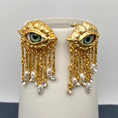 Turkish Nazar 🧿 Evil Eye Freshwater Pearl & Cubic Zirconia Tassel Post Earrings
