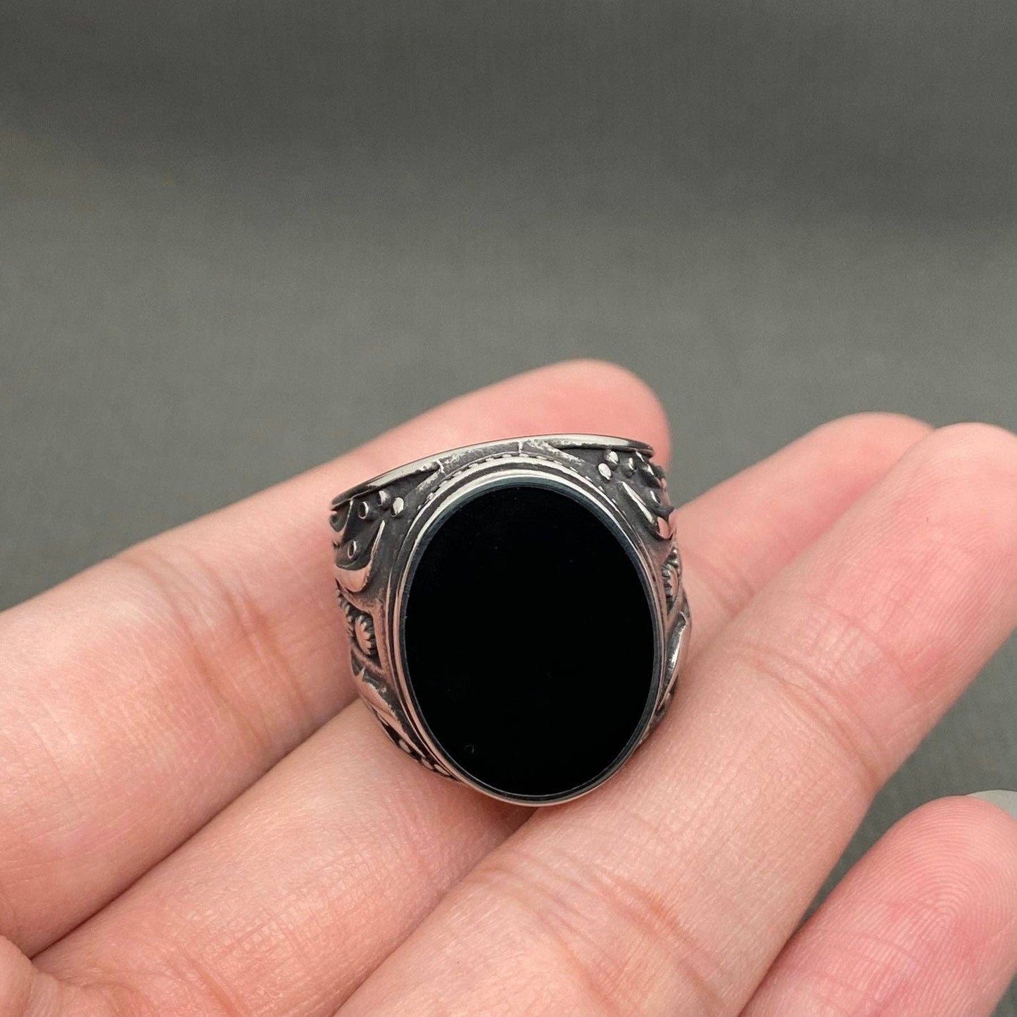 Black Agate Stainless Steel Ring