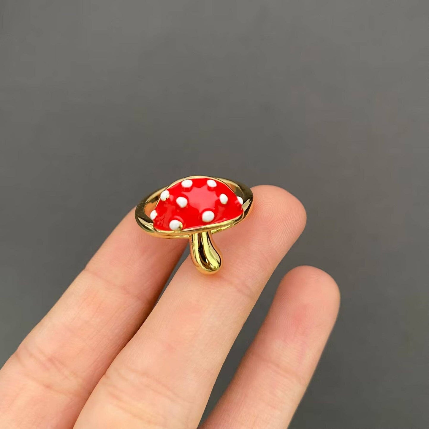 Red Enamel Mushroom Gold Plated Adjustable Ring
