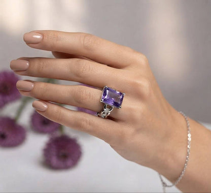 Natural Amethyst Emerald Cut Stainless Steel Ring 7x9mm