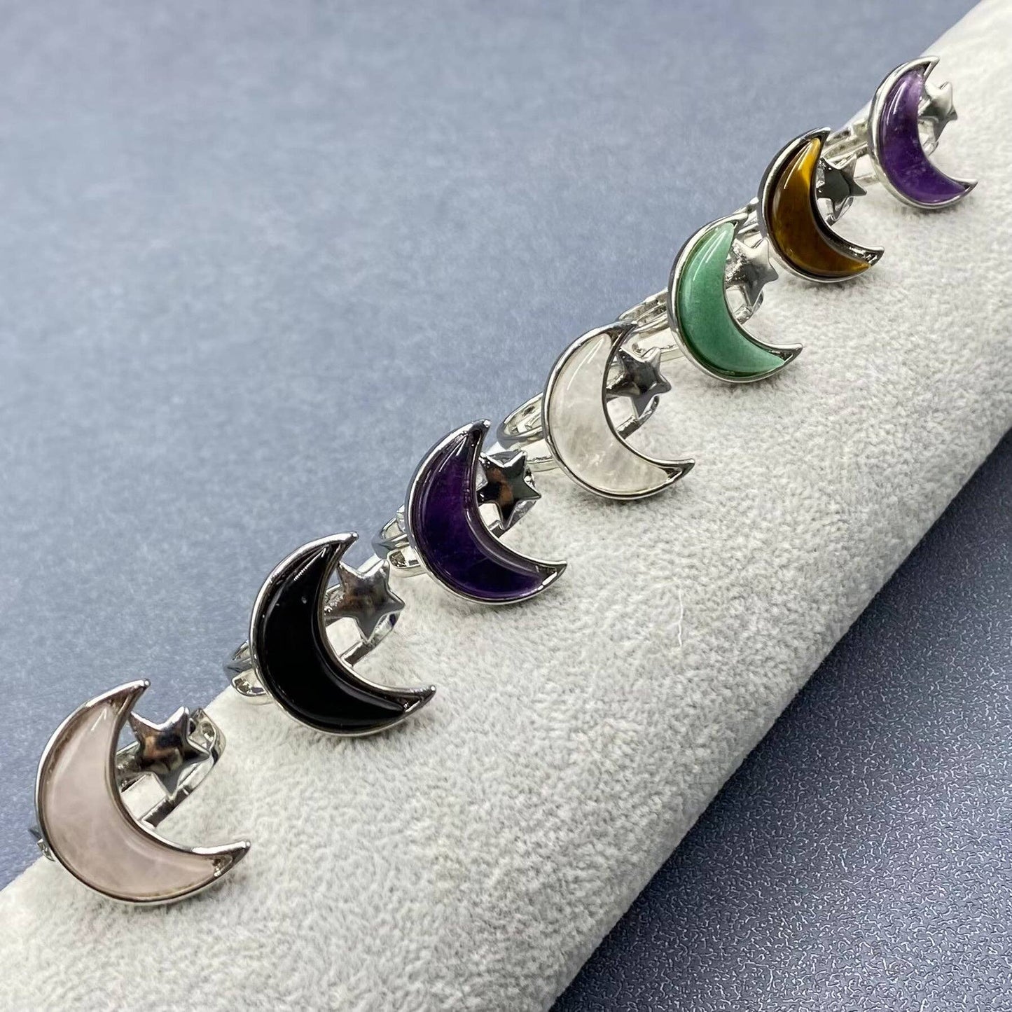 Agate Moon & Star Silver Tone Adjustable Ring