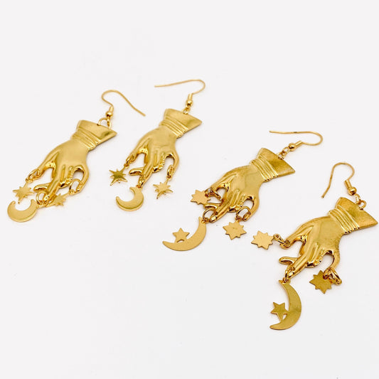 Fortune Teller Star Moon Hands Pendant Earrings