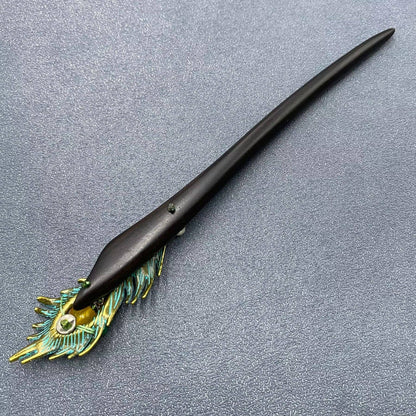 Classic Agate Metal Peacock Feather Long Ebony Wood Hairpin
