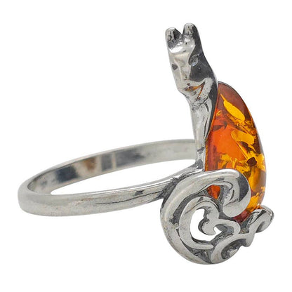 Cat Amber Sterling Silver Cat Ring