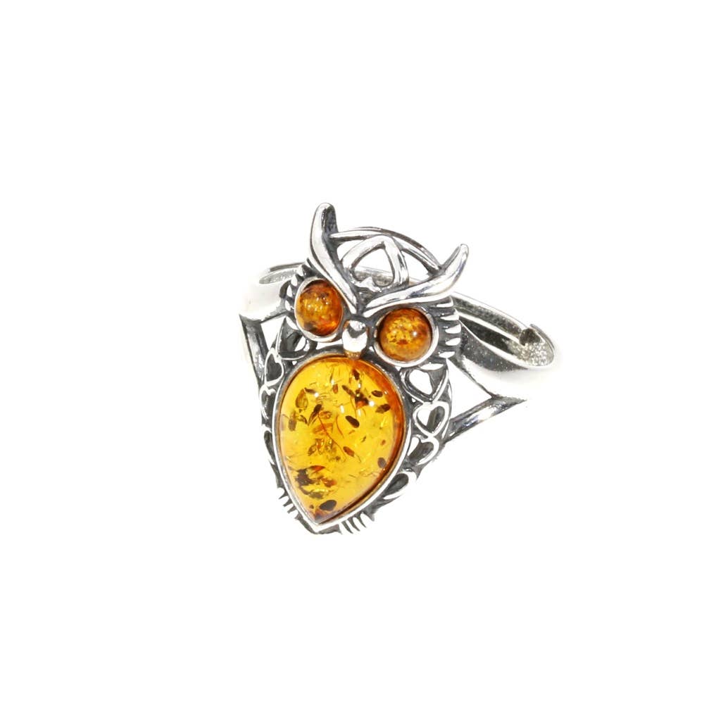 Owl Cognac Amber Silver Adjustable Ring