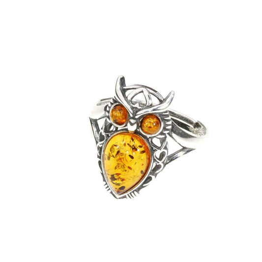Owl Cognac Amber Silver Adjustable Ring