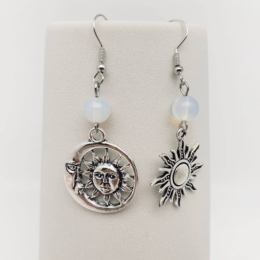 Asymmetric Design Face Moon Sun Earrings