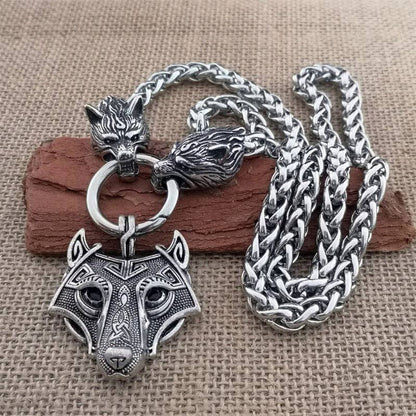 Viking Thor's Hammer Wolf Head Pendant Necklace