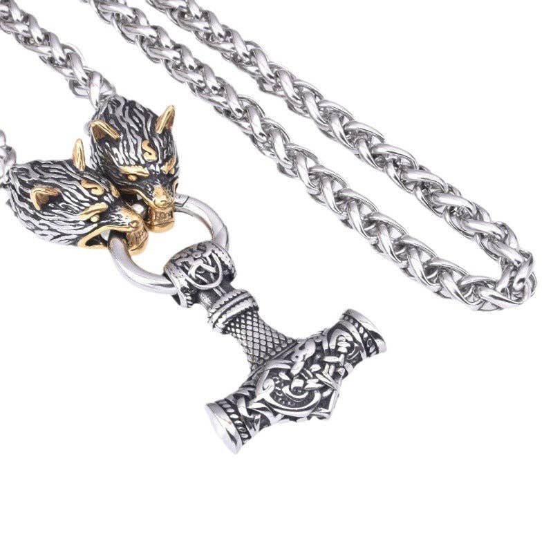 Rune Hammer Pendant Wolf Head Necklace