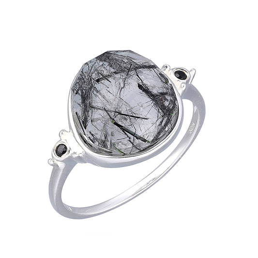 925 Sterling Silver Black Rutiled Quartz Solitaire Ring