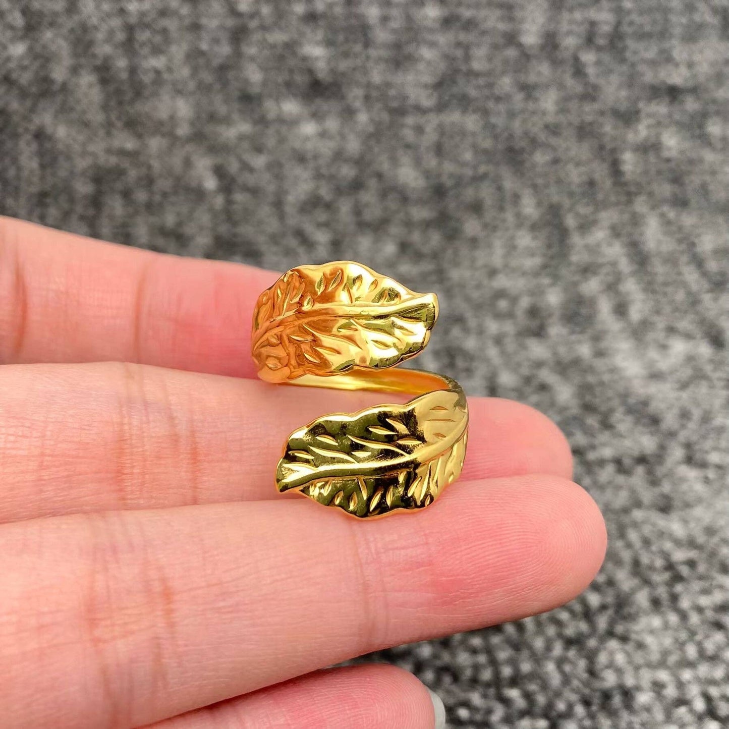 18K Gold Plated Stainless Steel Leaf Adjustable Ring
