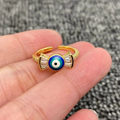 Enamel Rhinestone Turkish Evil Eye Golden Adjustable Rings